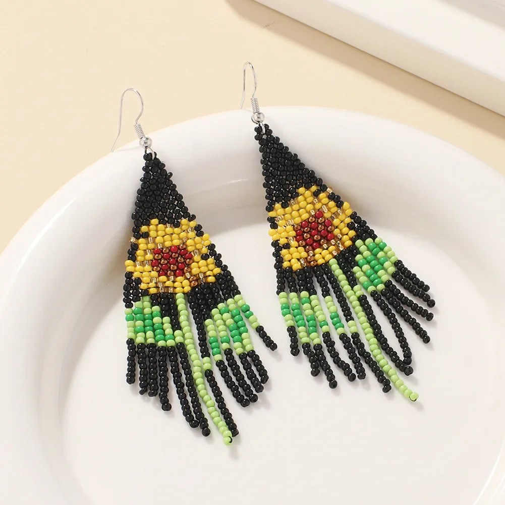 Rice Bead Earrings Sunflower  Hand weaving  Beaded  flower  Retro  Bohemia  geometry  alloy  ma'am  Tassel Earrings