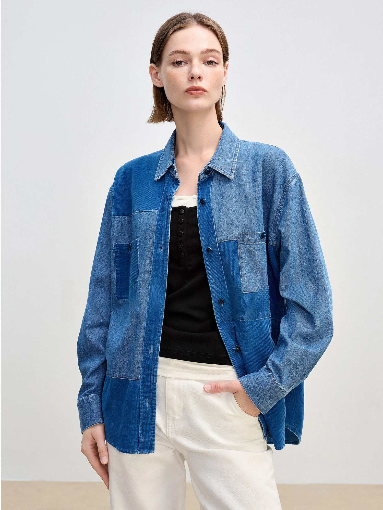 

Женская свободная блузка Hua Ji Yan из чистого хлопка с длинным рукавом, легкая, тонкая, жесткого кроя, с элементами пэчворка и дизайном «Фрагменты памяти»