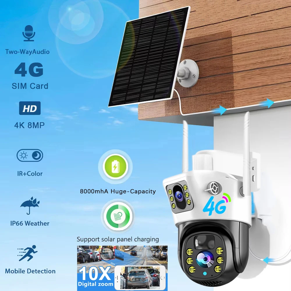 

4G Camera With 4G-SIM Card Solar Panel 8MP 4K Outdoor Wireless PTZ PIR Human Detection CCTV IP Camaras V380 Security Protection