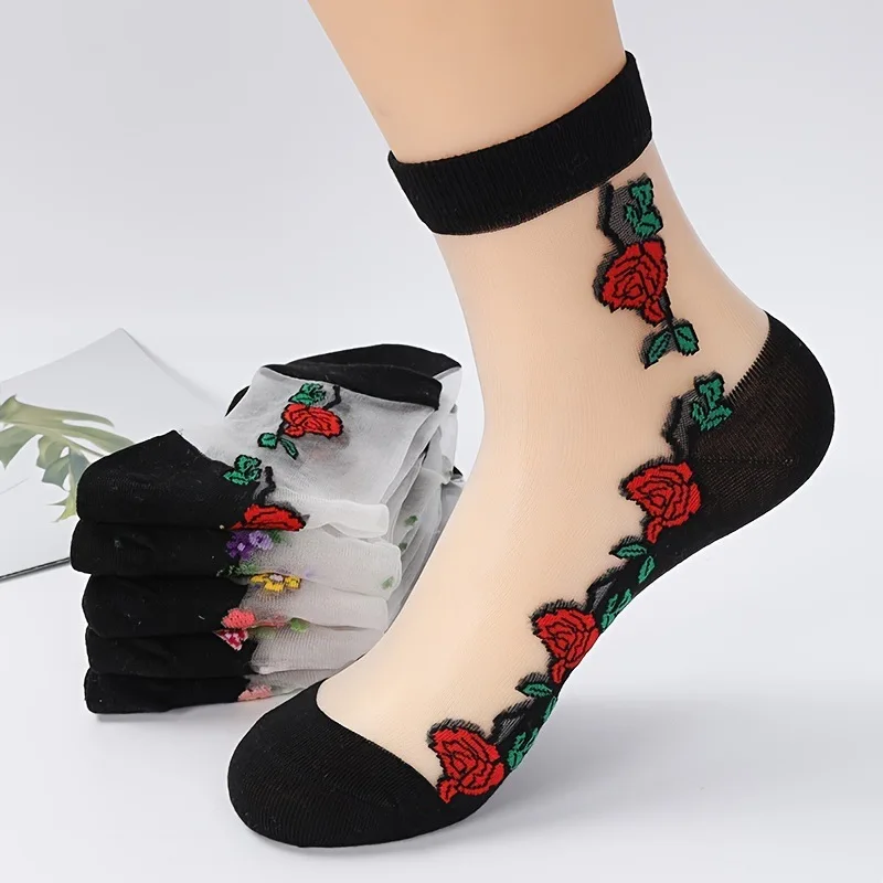 5 Paar Mid-Tube-Socken mit Blumendruck, Sommer, dünnes Design, atmungsaktiv, bequem, lässig, bestickte Glasfaser-Seidensocken ﻿