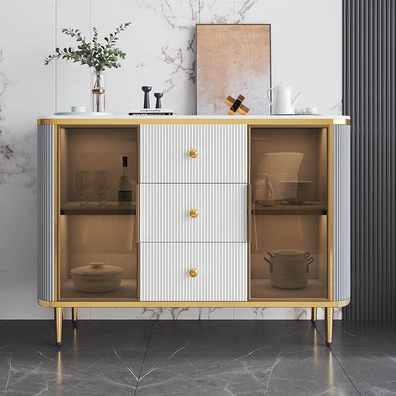 Modern Living Room White Glass Storage Side Cabinet Wooden Dining Room Gold Luxury Marble Countertop Side Cabinet
