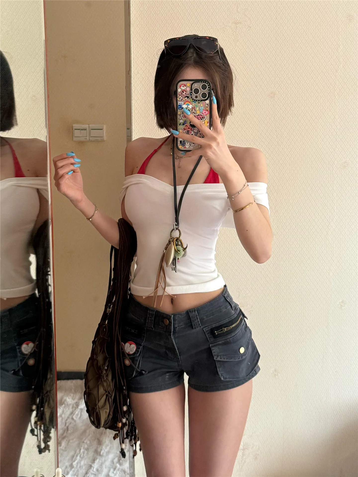 Retro American Low Waist Sexy Grey Workwear Denim Shorts Women Summer Slimming Multi Pocket Bodycon Hot Pants Casual Cotton