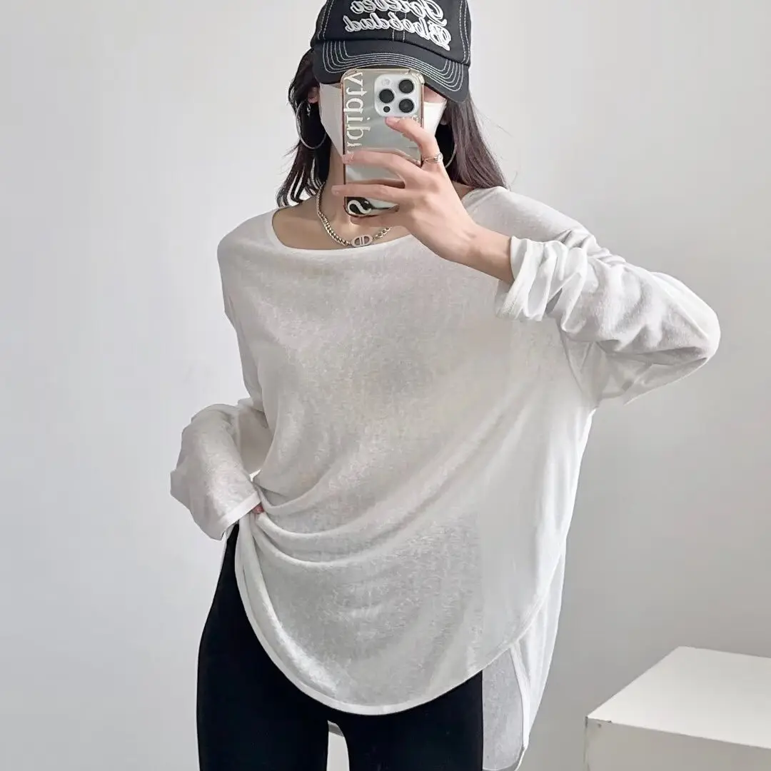 오버사이즈 루즈핏 여성용 긴팔 티셔츠 얇고 통기성 좋은 스트릿 스타일 여름 상의 레이지 캐주얼 루즈핏 햇빛 가리개 셔츠