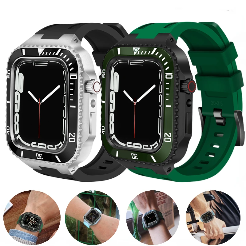 Modification Kit Strap For Apple Watch Band 45mm 44mm Metal Case+Ceramics Bumper Mod Kit Cover iWatch 8 7 6 5 4 SE Rubber Belt