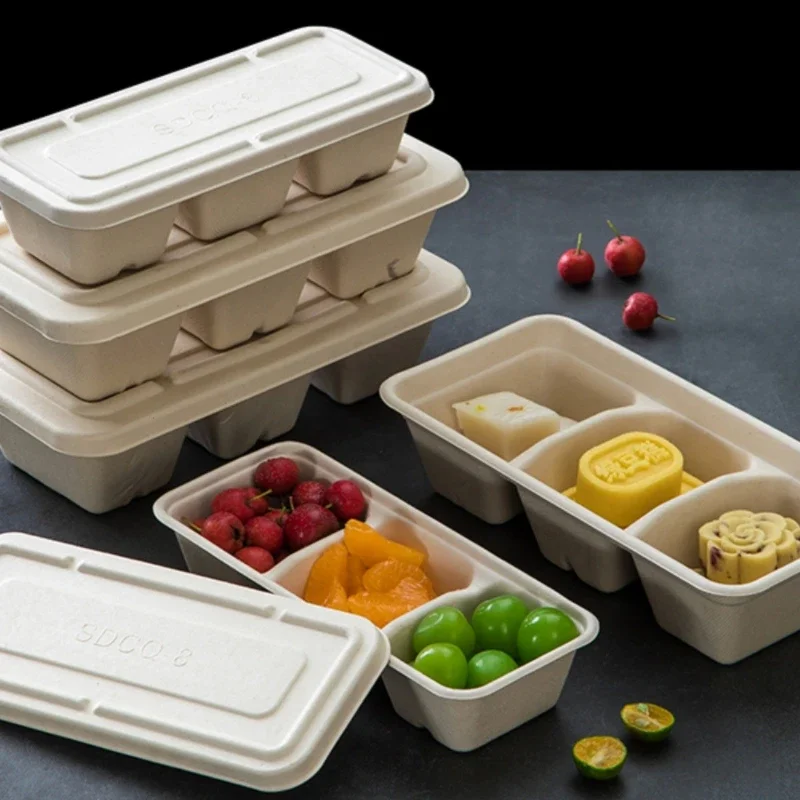 50pcs Long Three Grid Lunch Box Pulp Degradable Packaging Box Environmentally Friendly Takeout Sushi Bento Box, Cream Box