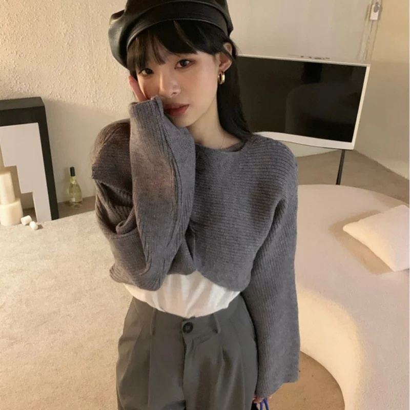 Spring Knitted Cropped Cross Irregular Streetwear Sweater Y2K Tops Women Sweater Autumn Long Sleeve Pullovers Sweater Pull 22933