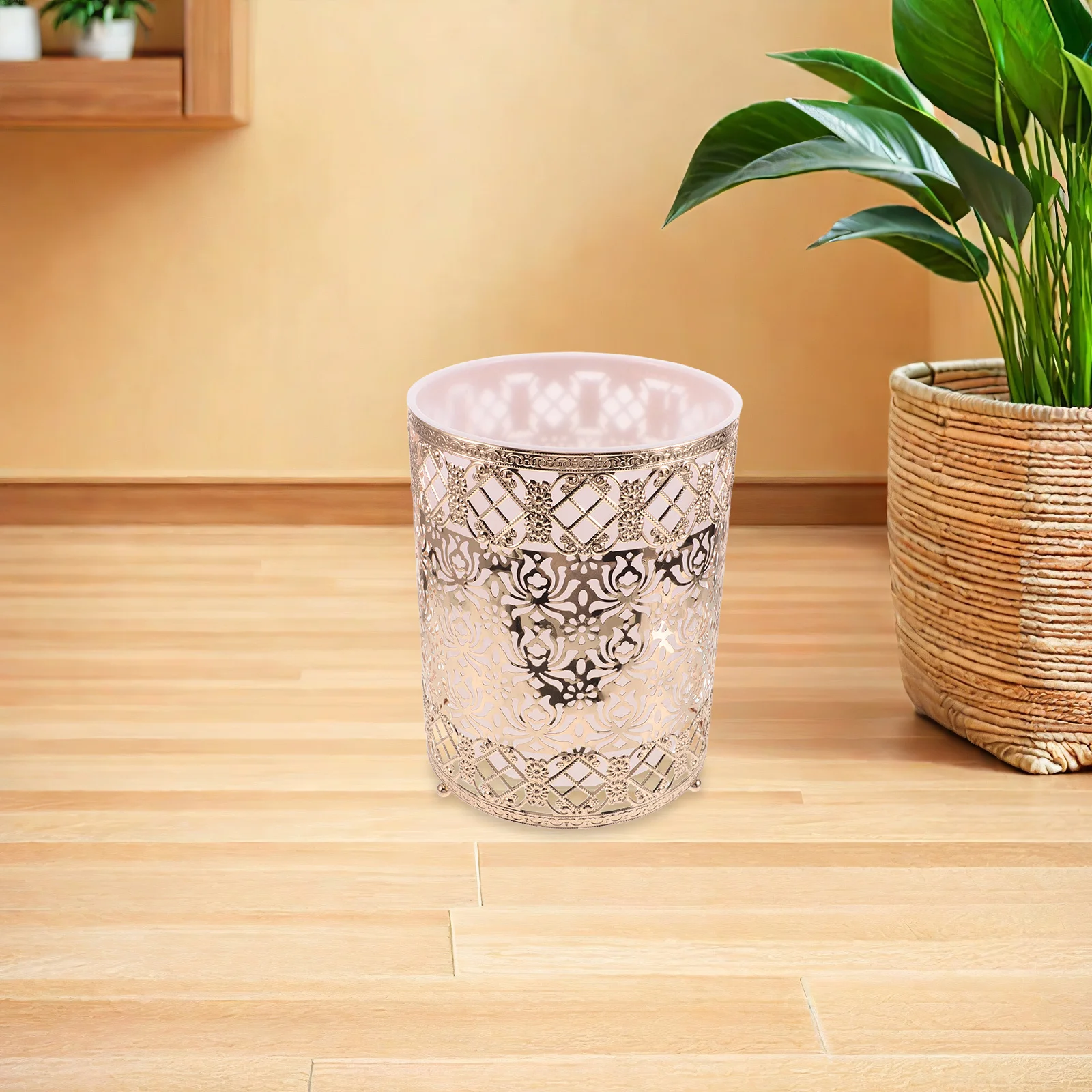 

Round Trash Can Modern Wrought Iron Metal Garbage Bin For Bedroom Bathroom Kitchen Office Living Room Household Dustbin