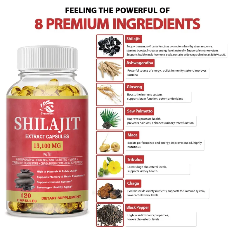 Shilajit Capsule Rich in Humic acid Fulvic Acid &Trace Minerals Complex Absorption For Sterility & Impotency