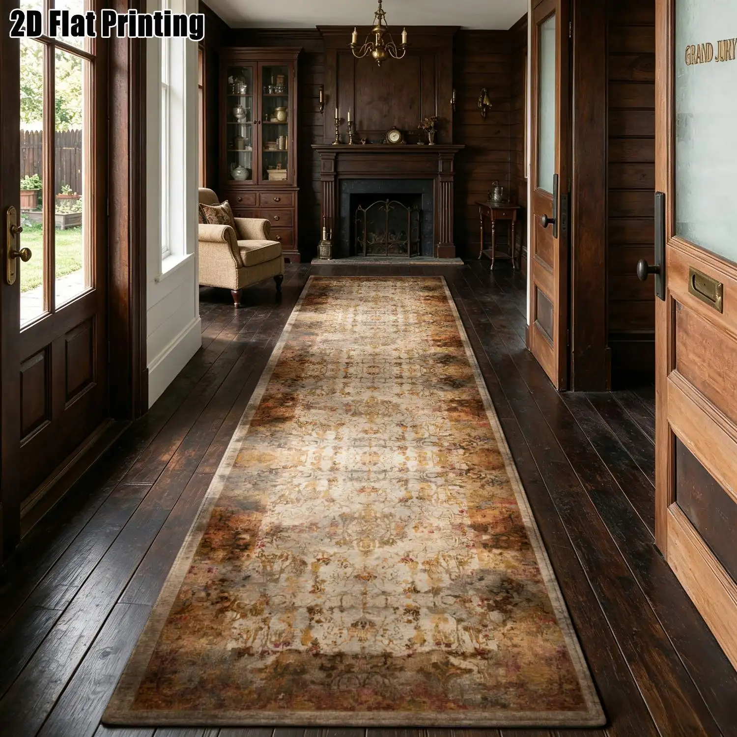 1Pc 2D Printed Long Strip Rug: Retro Brown-Yellow Geometric Pattern, European/Bohemian Style, Machine Washable, Multi-Size, Ideal for Entrance, Corridor, Bedroom, Living Room Home Decor