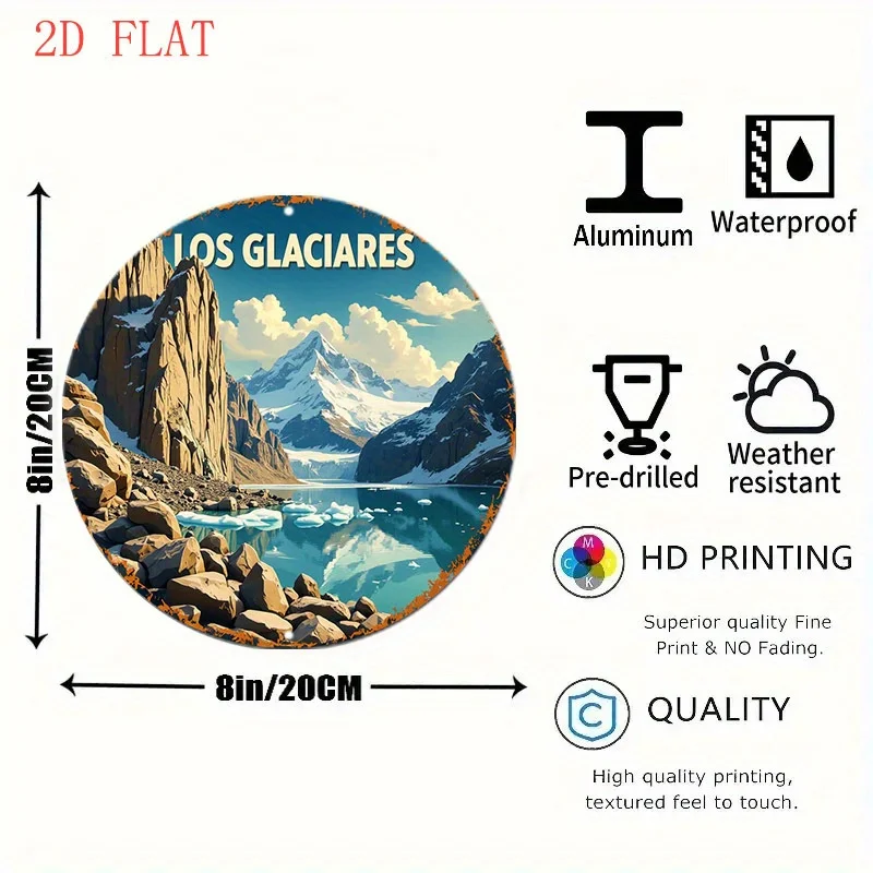 2D Flat, 1pc 8-Inch Round Glacier Mountain Lake Wall Art - Scandinavian Nordic Landscape Metal Decor, with Turquoise Waters And