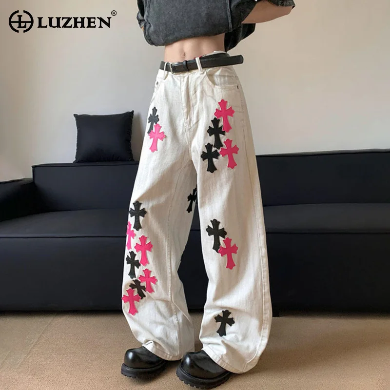 LUZHEN اللون التباين المرقعة فضفاض واسعة الساق جينز غير رسمي الرجال 2025 جديد أنيق الأصلي الشارع الشهير مستقيم الدينيم السراويل JY3187