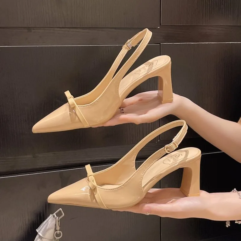 Women's Pumps Pointed Toe Slingback Block Mid Heel Patent Look Bow Accent Adjustable Buckle Strap Formal Office Evening Footwear