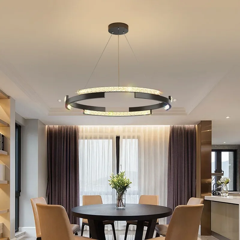 Lampade a sospensione moderne per soggiorno, sala da pranzo, cucina, anelli circolari, lampada a sospensione a soffitto nera a LED con telecomando dimmerabile