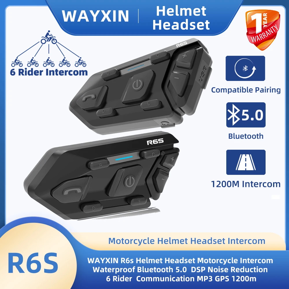 

WAYXIN R6s Helmet Headset Motorcycle Intercom Waterproof Bluetooth 5.0 DSP Noise Reduction 6 Rider Communication MP3 GPS 1200m