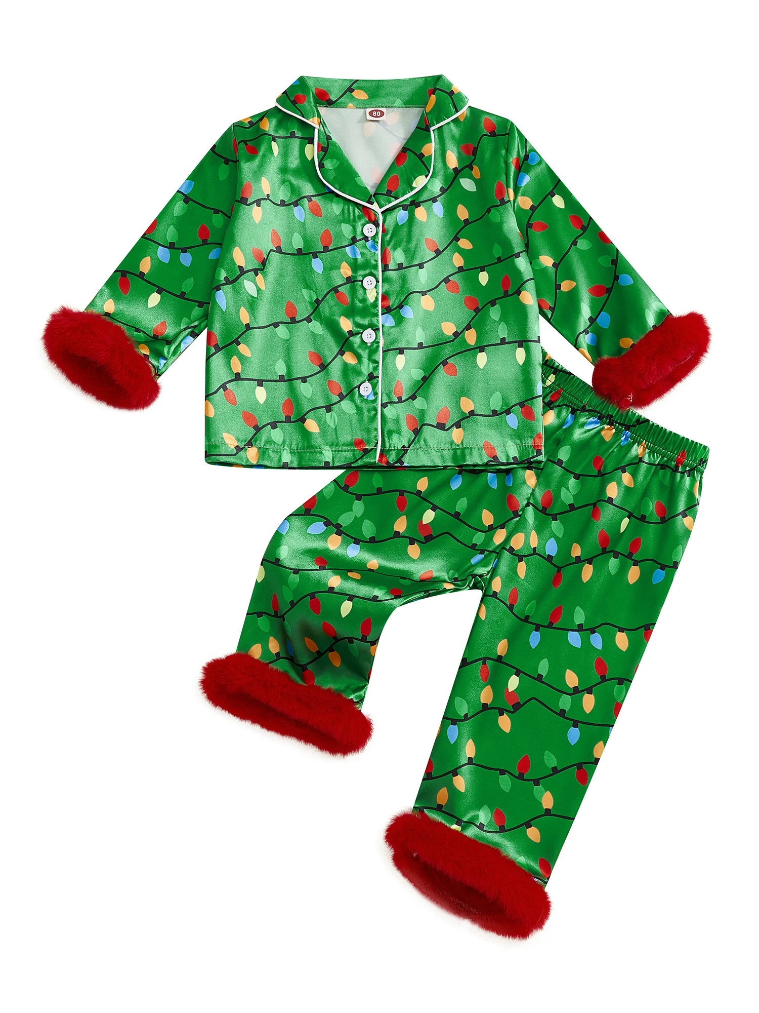 مجموعة بيجامة من الساتان لعيد الميلاد للأطفال تتميز بطباعة سلسلة إضاءة احتفالية وأكمام طويلة وأزرار سفلية مع مطابقة #3
