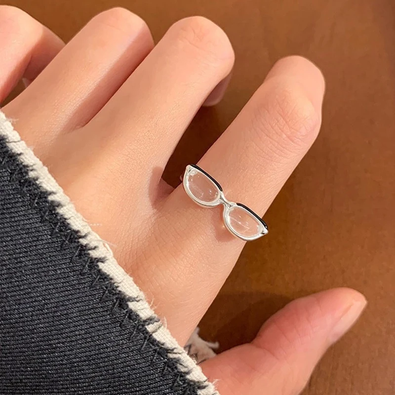 ENSHIR Black Glasses Open Ring For Women Men Fashion Creative Niche Design New Trench Unique Jewelry Gifts Wholesale
