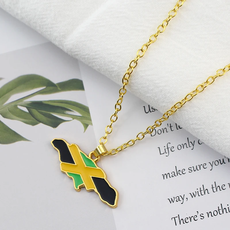 Jamaica Map and National Flag Pendant Necklaces Gold Color Jewelry Jamaican Maps Accessories