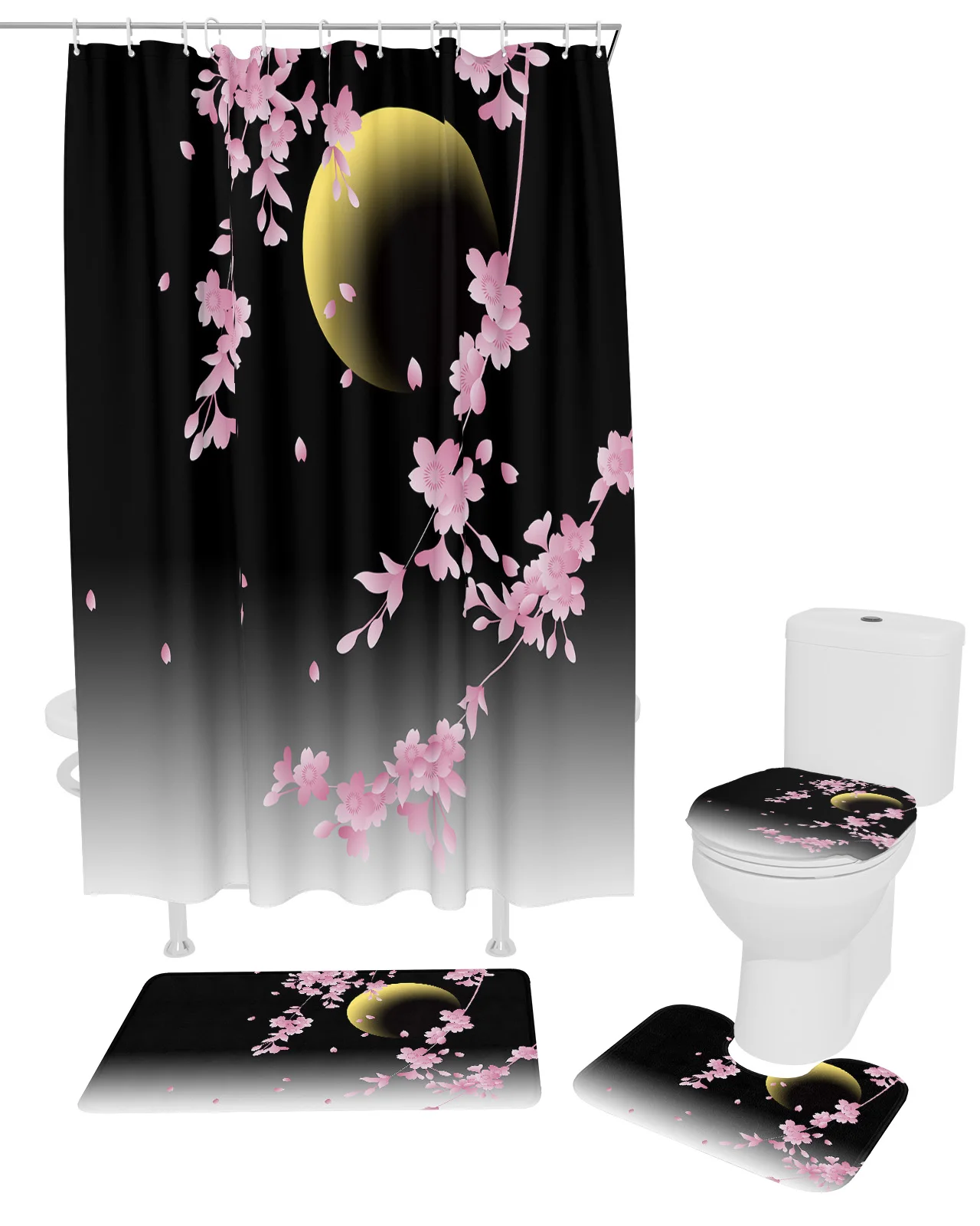 Japanese Cherry Blossom Moon Minimalist Shower Curtain Set Non-Slip Rugs Bath Mat Toilet Lid Cover Waterproof Bathroom Curtain