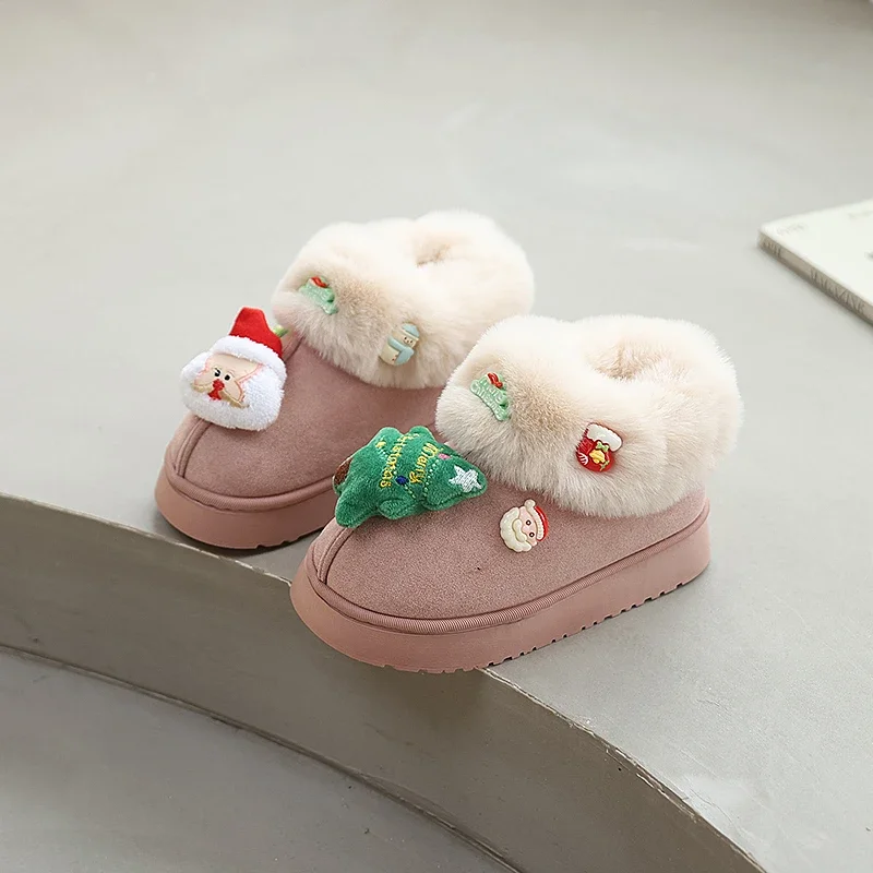 

Winter Children Outdoor Plush Shoes New Cute Santa Claus Girls Causal Cotton Shoes Thick Bottom Warm Kids Fashion Furry Loafers
