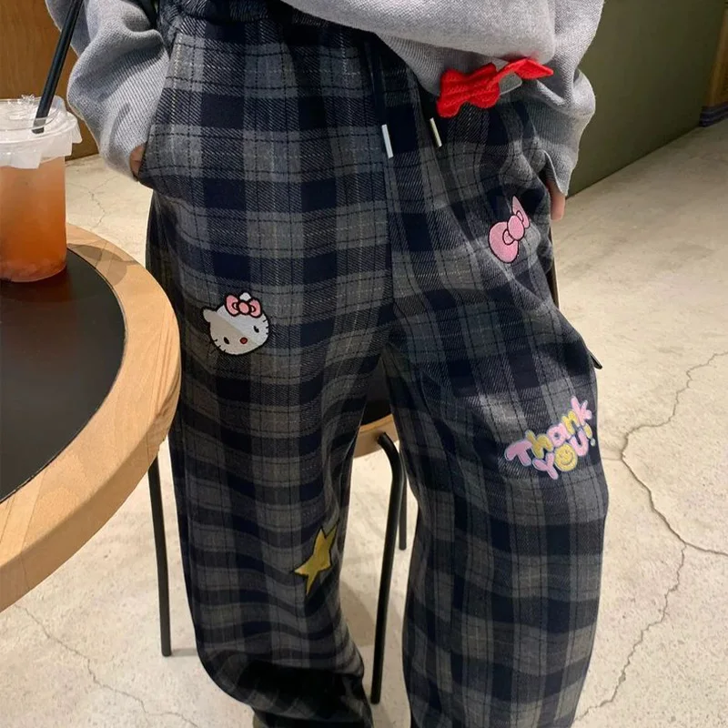 سانريو مرحبا كيتي صوف مبطن منقوشة السراويل فتاة خريف شتاء الحلو منفعل نمط فضفاض مستقيم الساق التخسيس مجموعة عادية متعددة الاستخدامات