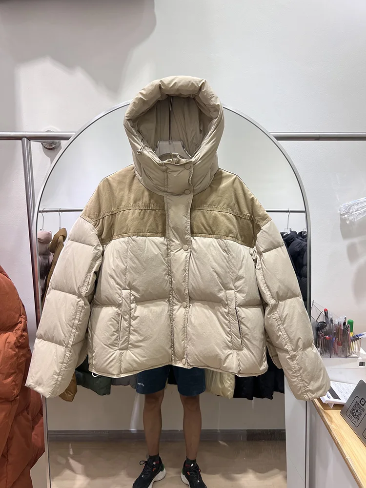 Women's color blocked bread fashion hooded casual versatile white duck down jacket trend winter design sense down jacket