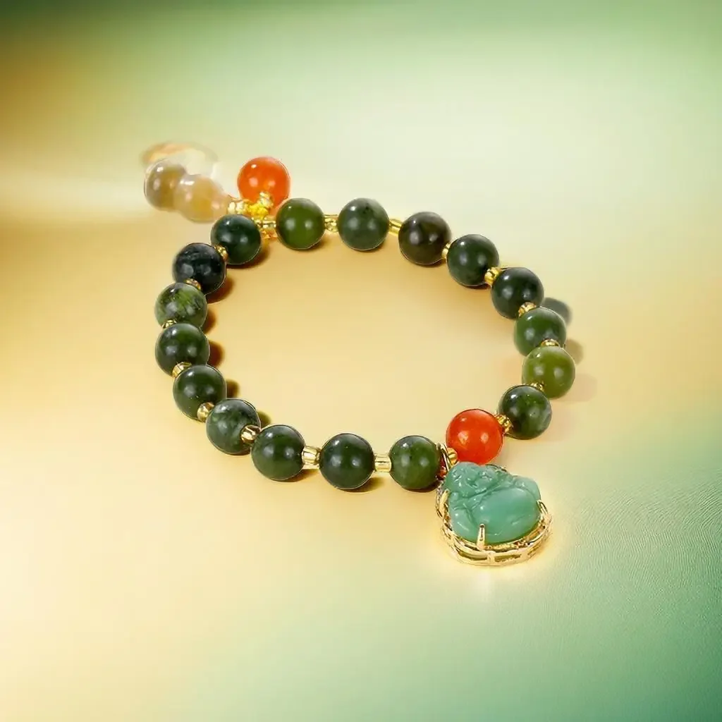 Jade Maitreya Bracelet Natural Bracelets for Women Green Elastic Vintage Amulets Amulet Stone Carved Jasper Jewelry Bead