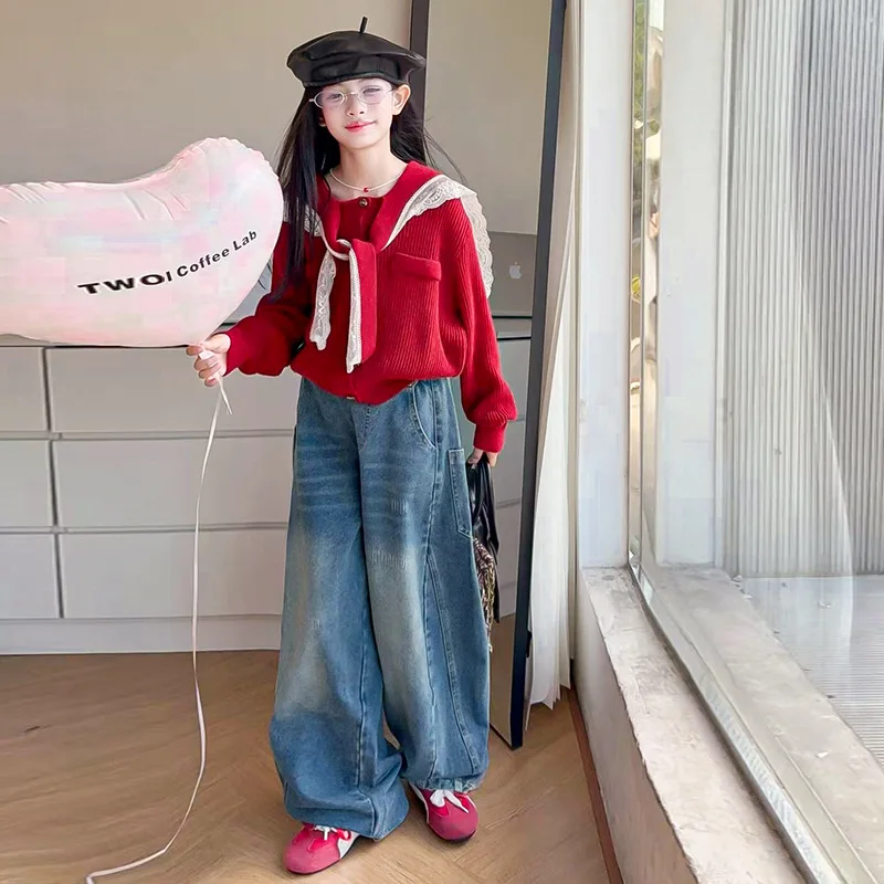 

Комплект из двух предметов для маленьких девочек, осенний кружевной лоскутный вязаный свитер с воротником-стойкой для школьниц, комплекты джинсов с широкими штанинами для девочек от 4 до 14 лет