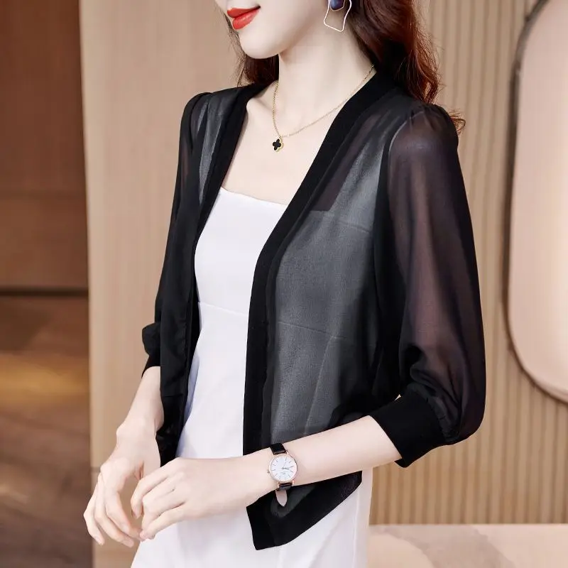 Spring Summer Women Cardigan Sunscreen Chiffon Shirt 3/4 Sleeve All-match Vintage Solid Temperament Fashion Short Casual Coats