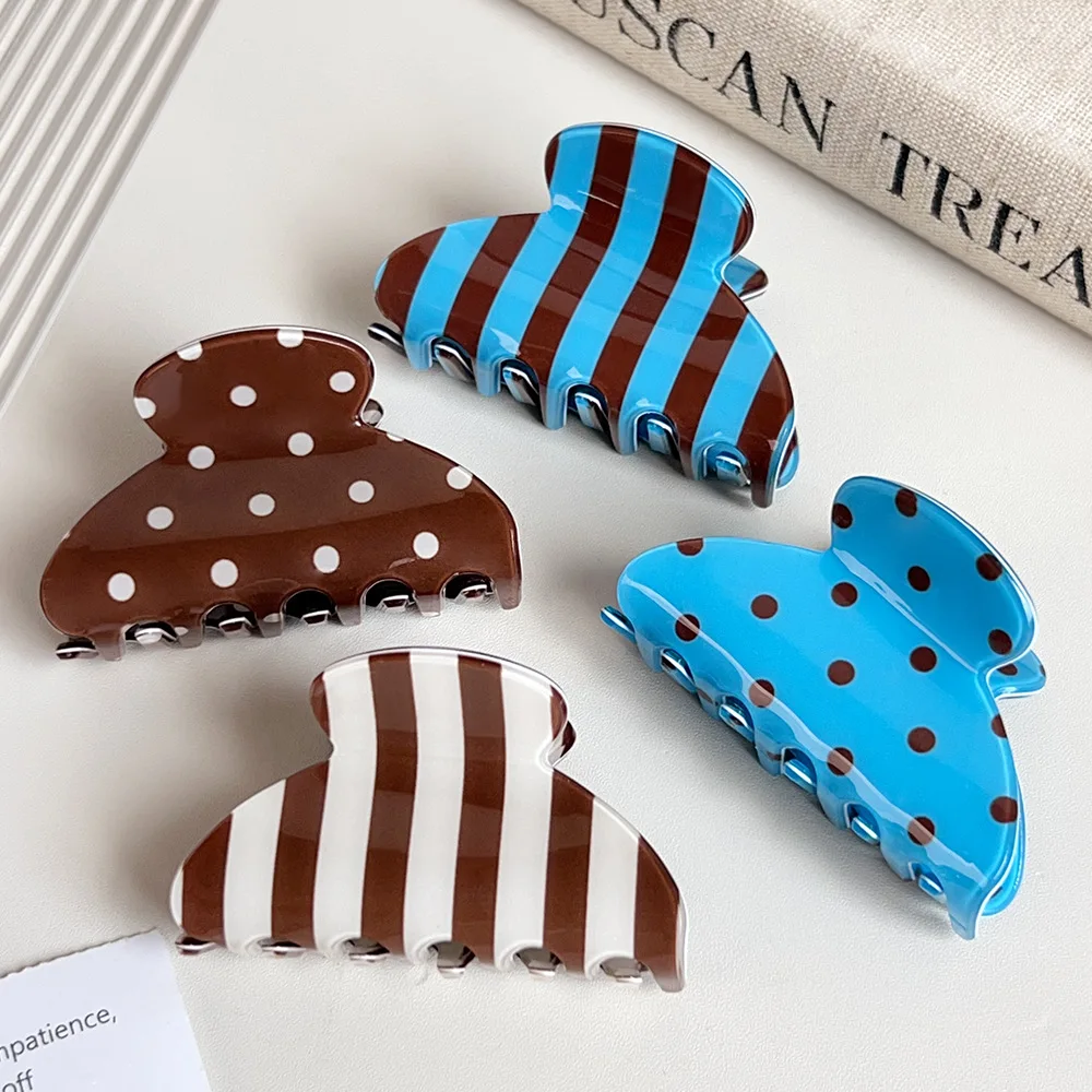 Bright Chocolate Brown Blue Color Blocking Hair Claws Medium Size Striped Dot Print Acrylic Crab Clip Women Geometric Hair Grip