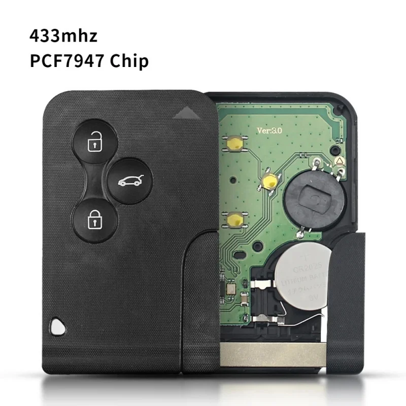 

ID46 PCF7947 Chip For Renault Clio Logan Megane 2 3 Scenic Remote Key 3 Buttons 433Mhz Smart Card Emergency Insert