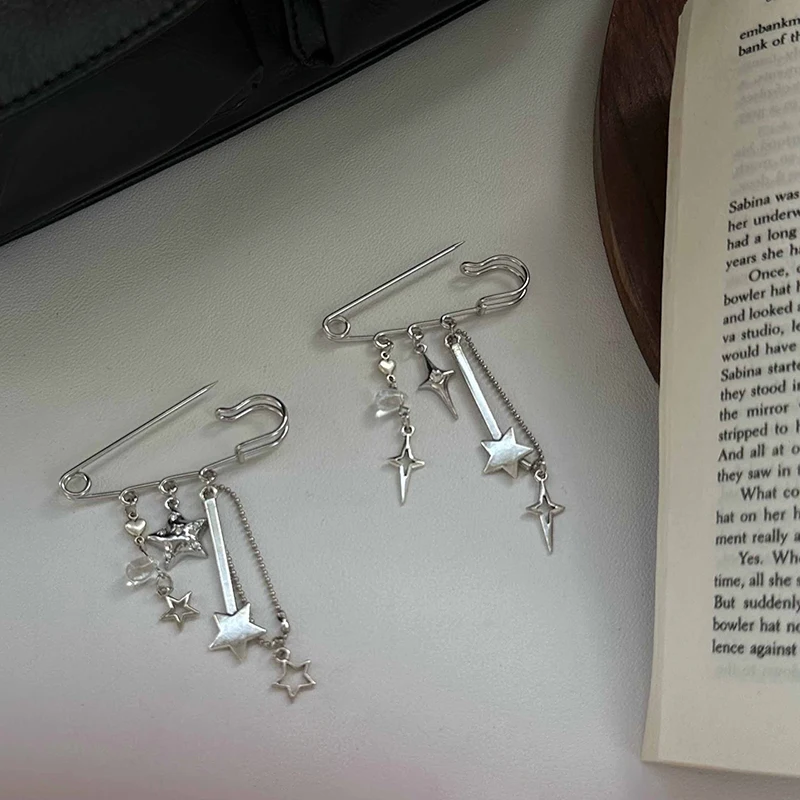 1 قطعة فريد Y2K الفضة ستار على شكل المشبك دبوس سلسلة شارة بروش دبوس قلادة الزي الموضة الحلو بروش كليب حقيبة قلادة سحر #5