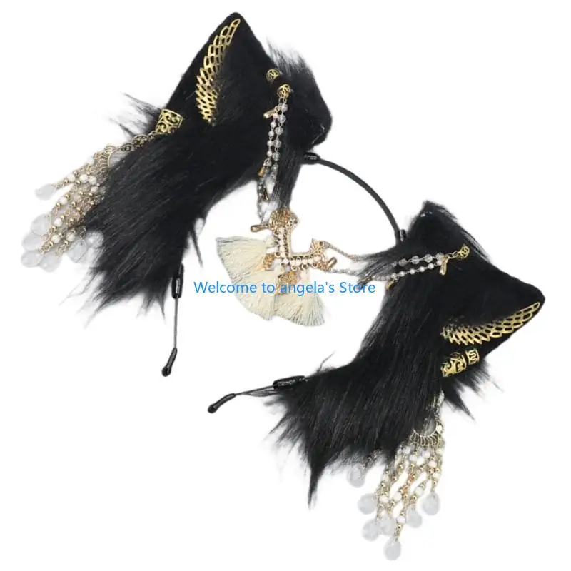 X4YC Fasce per capelli con orecchie lupo in peluche fatte a mano Coda in pelliccia sintetica per costumi Halloween Cosplay