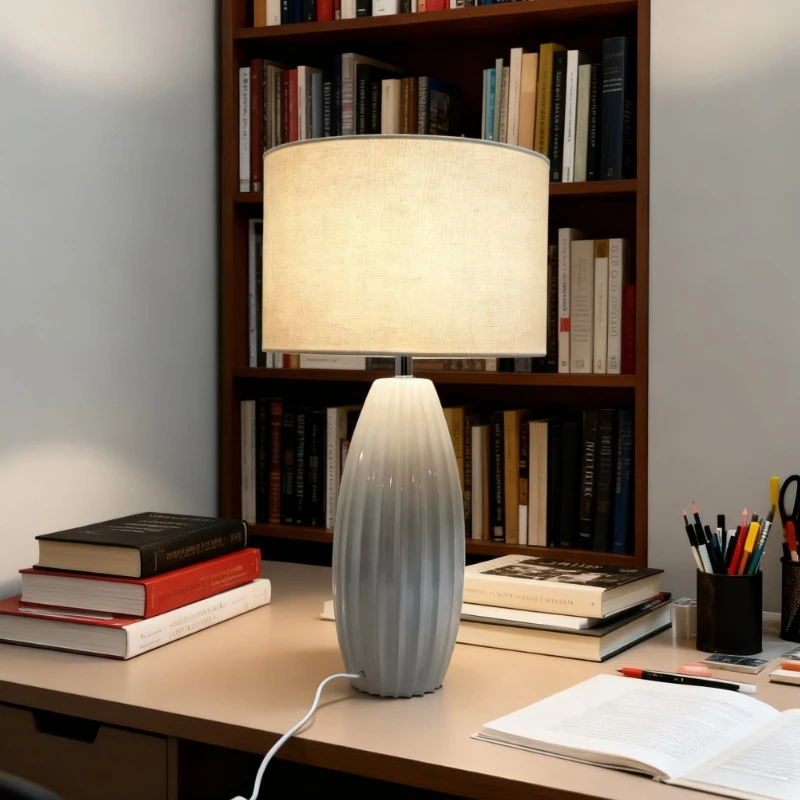 Modern Minimalist Ceramic Table Lamp with Linen Fabric Lampshade Design Led Lighting Study Bedroom Living Room Decoration Home
