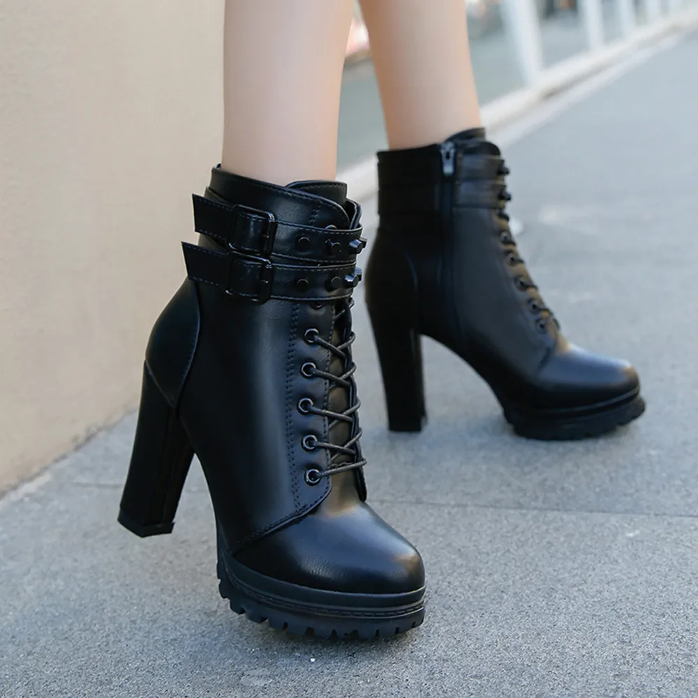 Rivet Buckle Zipper Thin Heels Ankle Boots Party Street Woman Shoes Punk Style 11CM High Heels PU Leather Botas Mid-Calf Boots