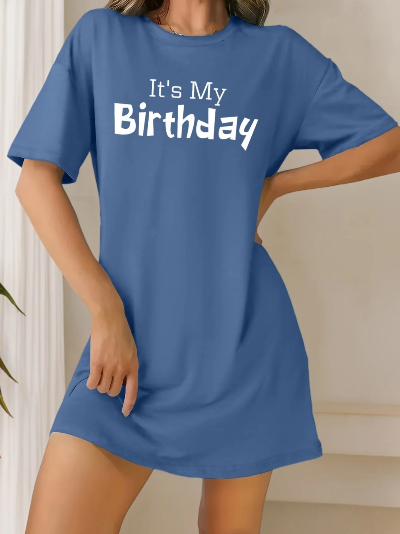 

Plus Size It's My Birthday Letter Printed Tee Dress Short Sleeve Crew Neck Casual Dress For Summer Women's Loose Clothing