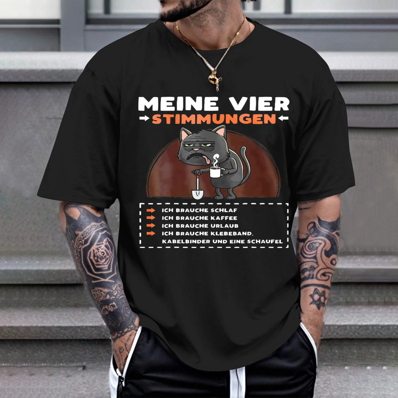 Herren-T-Shirt „My Four Moods Cat Coffee Sleep Vacation“, perfekt für Freizeitkleidung, Partys und Karnevalsoutfits
