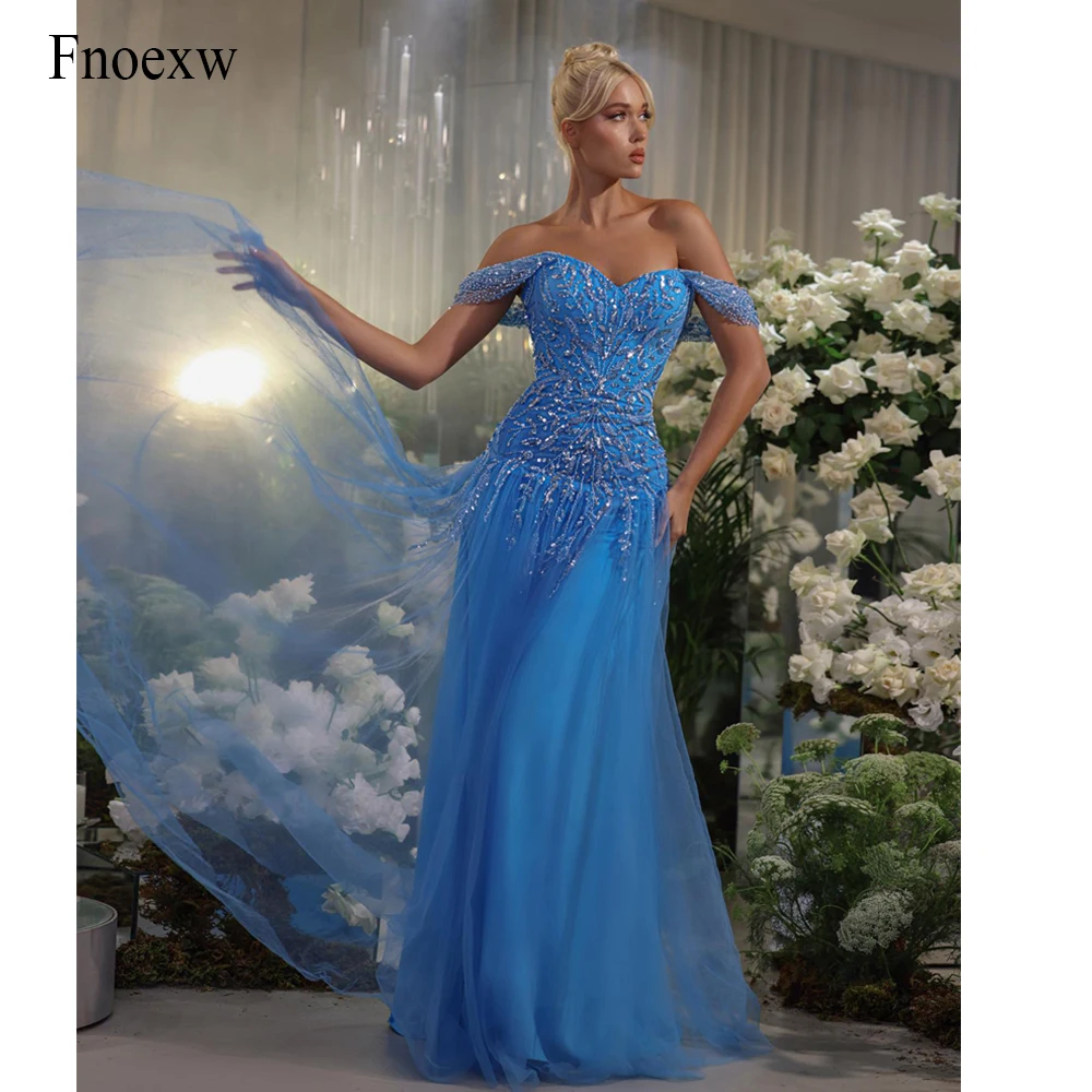 

Fnoexw A-line Tulle Evening Dresses Sweetheart Women Party Dresses Sparkly Sequins Crystals Long Prom Dresses Vestidos De Noche