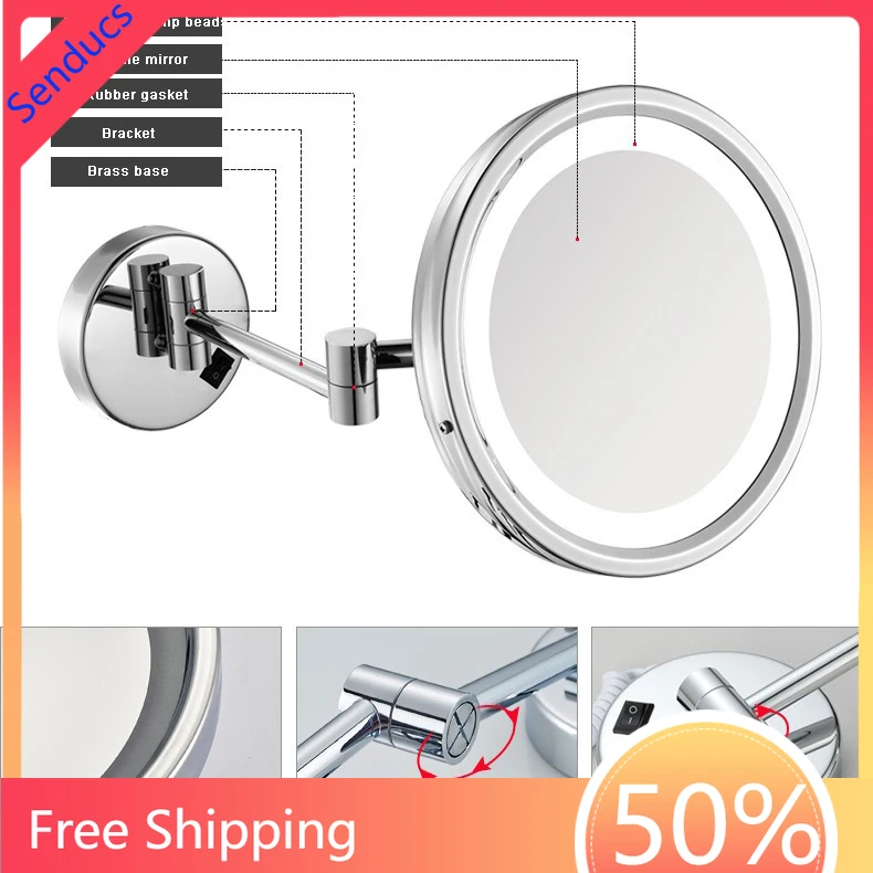 

Wall Mounted LED Touch Bathroom Mirror Brass Folding Dual Arm Bathroom Makeup Mirrors 3X Magnification Square Makeup Bath Mirror