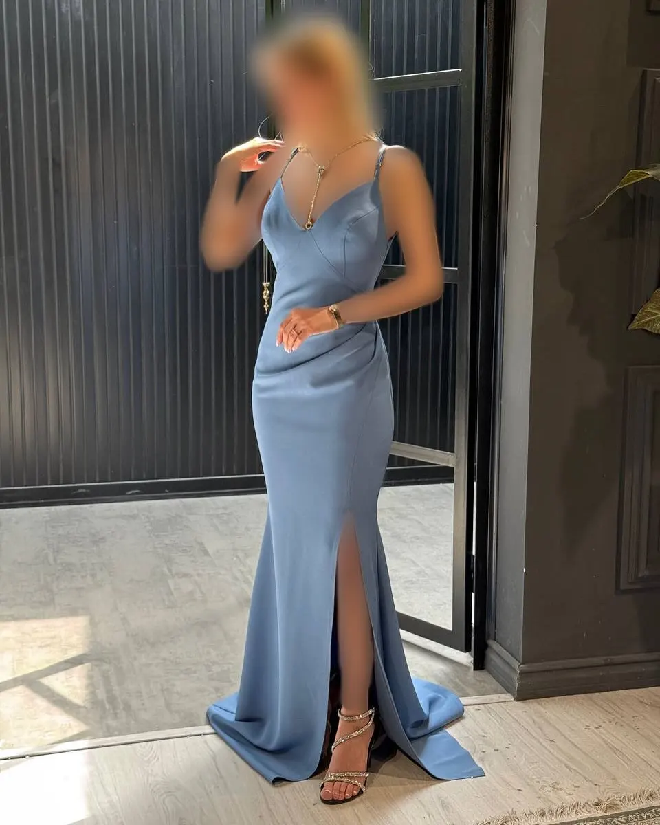 Gaun Malam Kustom Gaun Prom Tanpa Lengan Tali Spaghetti Kerah V Jersey Indah Gaun Pesta Kereta Pengadilan Putri Duyung