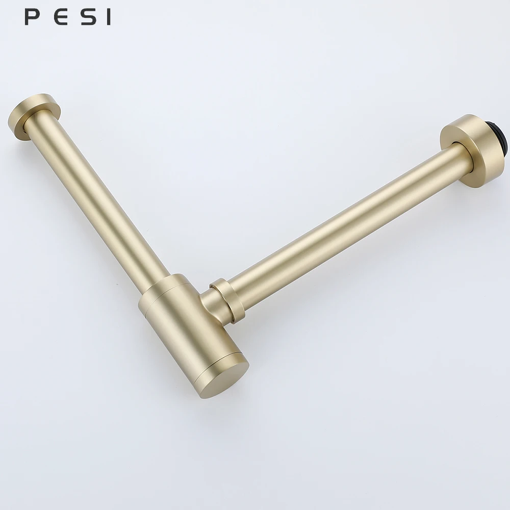 Brass Bathroom Basin Bottle Trap, Brushed Gold P Trap with Unslotted Pop Up Drain Slotted Strainer P-Trap.