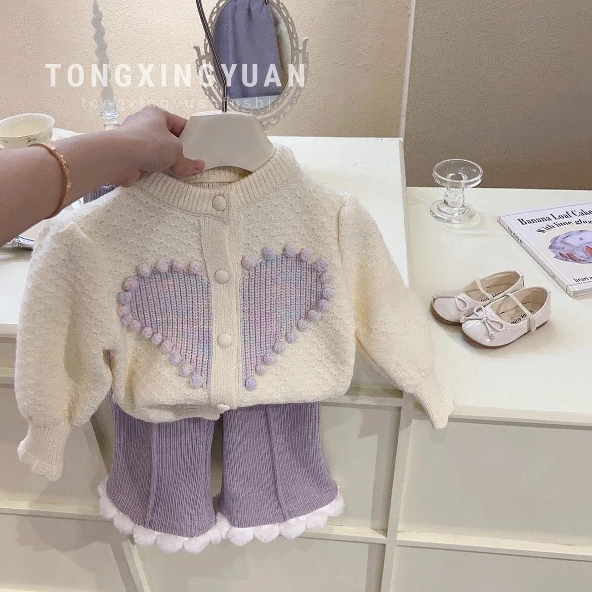 Autumn Winter Kids Girls 2PCS Clothes Set Cotton Knitted Love Sweater Coat Fleece Flared Pants Suit Toddler Baby Girls Outfits