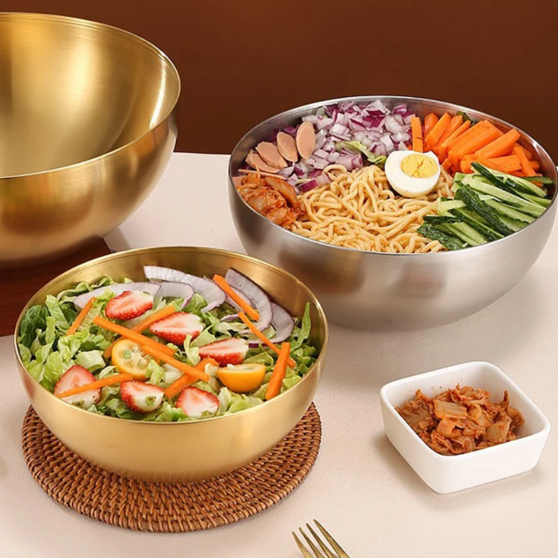 Stainless steel cold noodles bowl Korean tableware home mix rice bowl Gold large dish bowl Fruit bowl Salad bowl