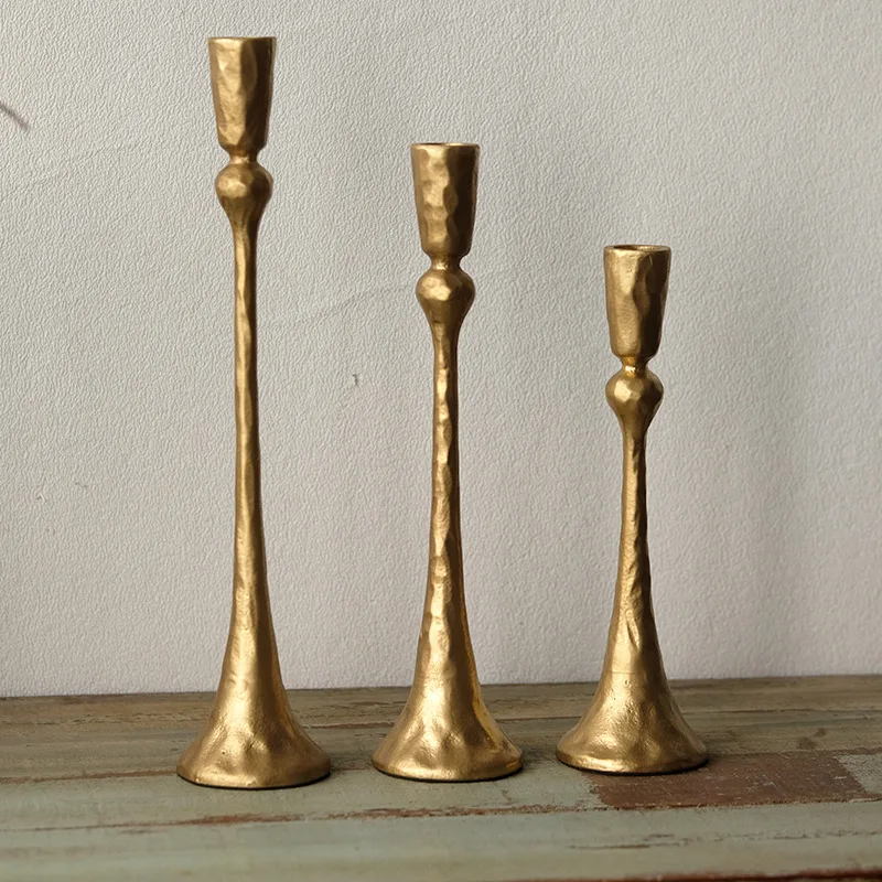 American Vintage Gold Cast Iron Candle Holder Set Three Sets Home Decoration Ornament Fireplace Candle Holder Hand Forged Candle
