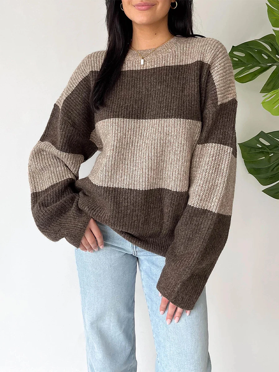 Women Cute Loose Sweaters Casual Trendy Contrast Color Crew Neck Long Sleeve Pullover Knitwear for Fall Winter Warm Streetwear