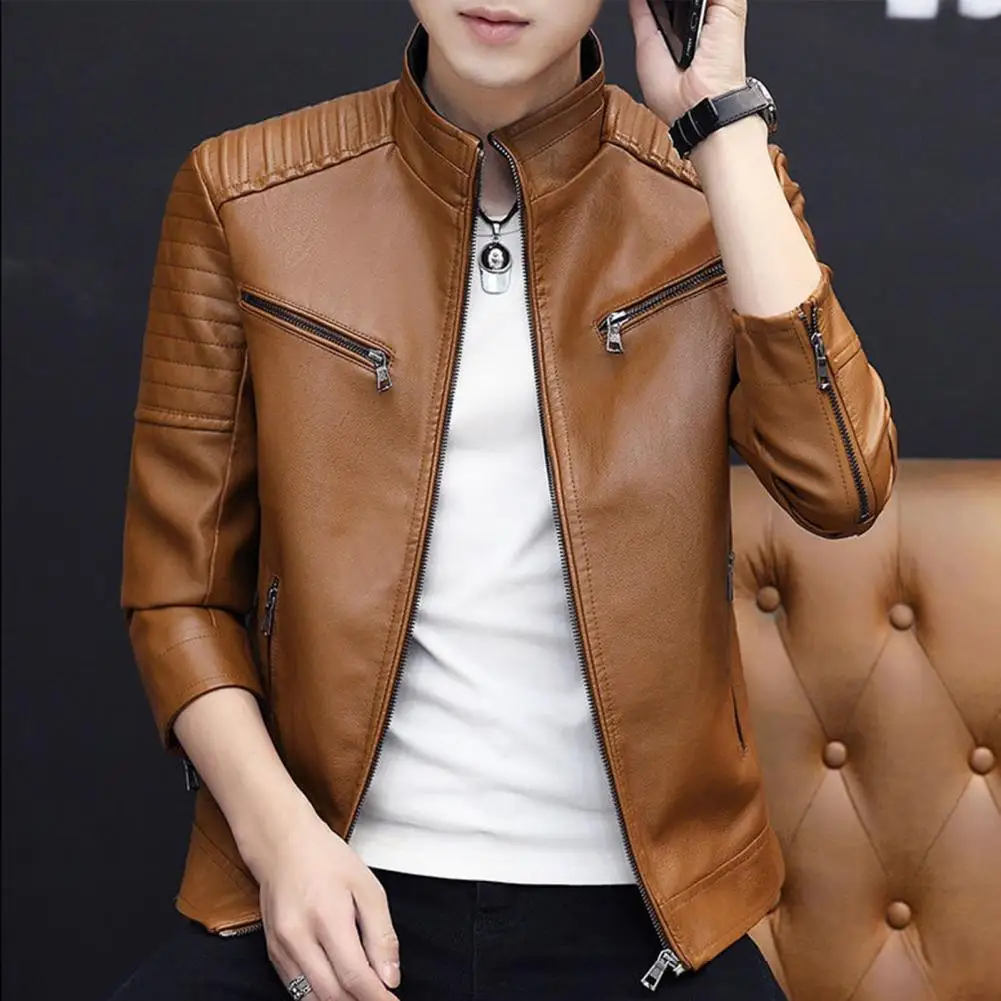 Solid Color Jacket Men Jacket Vintage Biker Coat Durable Men's Jacket for Outdoor Daily Wear Autumn Warmth Casual Style