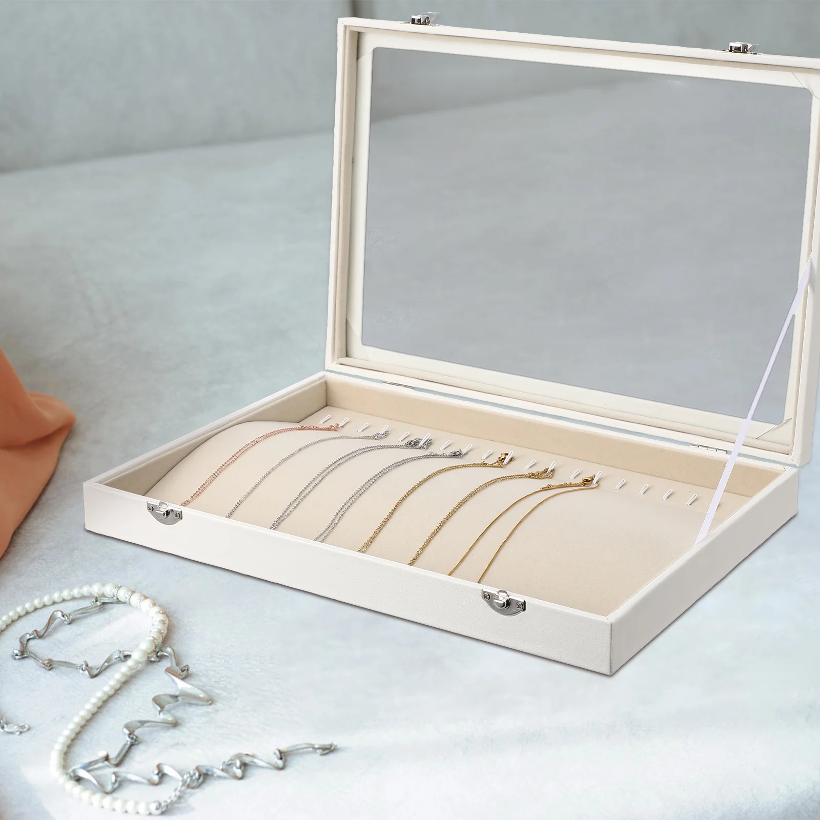 Necklace Organizer Box Wooden Jewelry Storage Tray Large Capacity Clear Lid Necklace Holder for Vanity Display