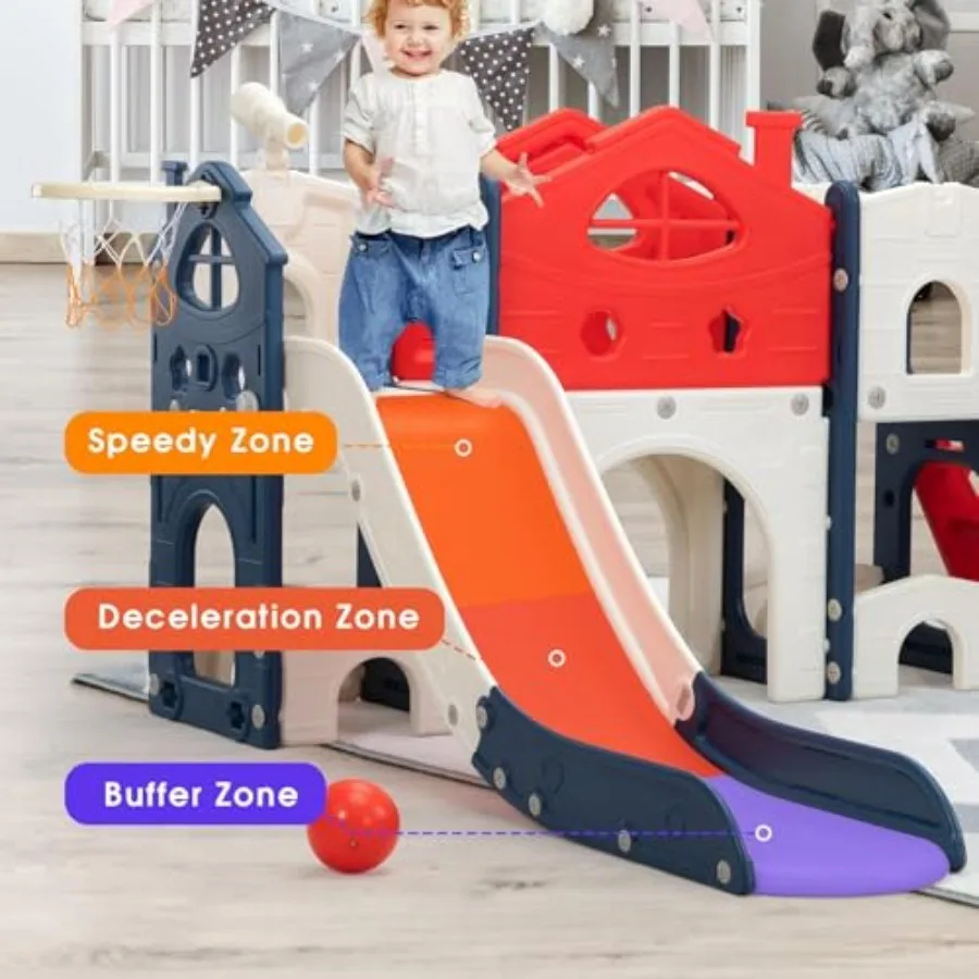 Perosotan Anak 8 in 1, Perosotan Panjat, Set Permainan Indoor Outdoor dengan Ring Basket, Teleskop, dan Ruang Penyimpanan, Perosotan Berdiri Sendiri