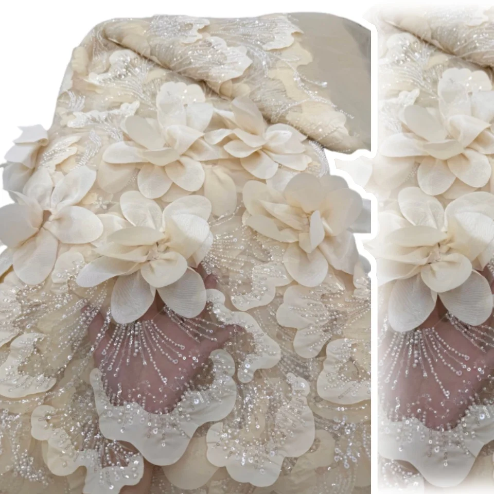 

Белая кружевная ткань с 3D бусинами, 2025, высококачественная сетчатая аппликация с 3D цветочным тюлем, кружевная ткань ручной работы для свадьбы AH1747