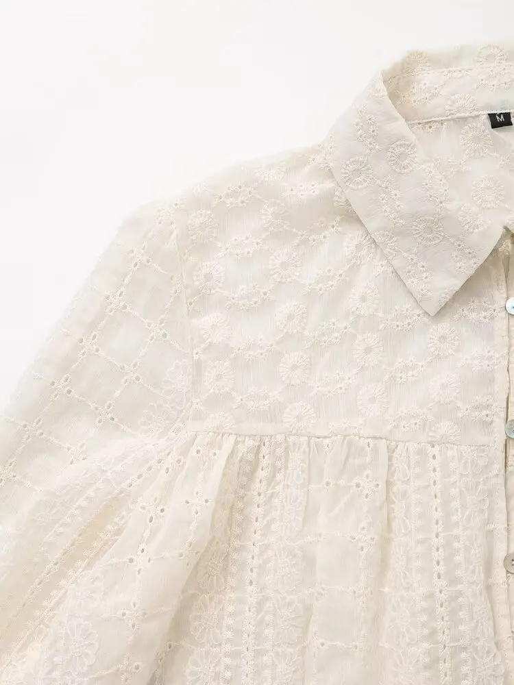 Tangada Women Beige Embroidery Cotton Shirt Long Sleeve 2024 Fashion Female Hollow Oversized Crop Blouse Tops 6H0212