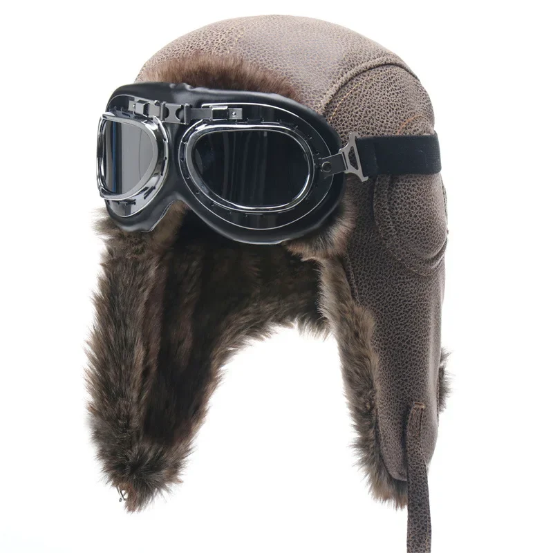 

Men Winter Bomber Hat With Goggles Outdoor Motorcycle Windproof Warm Faux Fur Pilot Earflap Hat Leather Thermal Ushanka